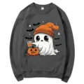 Sudadera de cuello redondo con gráfico de fantasma lindo de Halloween, jersey casual de manga larga. - S / Tops / Gris Oscuro Eslogan