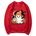 Sudadera roja de cuello redondo para Halloween con bonito estampado gráfico de fantasma y calabaza. - S / Tops / Rojo (Patrón 2)