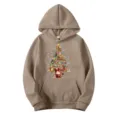 Khaki hooded sweatshirt with Christmas tree print, front pocket, long sleeves, size M. - Camel