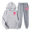 Casual grey fleece tracksuit set including hoodie and sweatpants with palm tree graphic. - L(XXL) / Top And Bottom / Light Gray