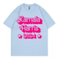 Light blue short sleeve t-shirt with pink Kamala Harris 2024 print, casual cotton top for men and women. - Light Blue 317