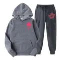 Grey fleece hoodie and sweatpants set with pink palm and floral print for casual daily wear. - L(XXL) / Top And Bottom / Dark Gray