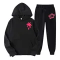 Black fleece hoodie and sweatpants tracksuit set with pink palm tree graphic print - L(XXL) / Top And Bottom / Black