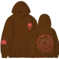 Felpa con cappuccio marrone da donna con stampa rosa di palma e tramonto sul retro. - Taglia S / Top / Caffè