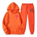 Orange fleece tracksuit set for men and women, hoodie with palm print and joggers. - L(XXL) / Top And Bottom / Bright Orange