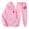Pink fleece tracksuit set for women, cozy hoodie and sweatpants with cute graphic prints. - L(XXL) / Top And Bottom / Pink