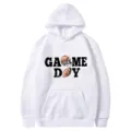 White hooded sweatshirt with American football graphic, casual long sleeve pullover hoodie. - 19 / S