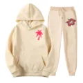 Beige fleece tracksuit set for men and women, featuring hoodie with palm tree print and sweatpants. - L(XXL) / Top And Bottom / Beige Apricot