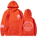 Elegante felpa con cappuccio arancione con palma rosa e stampa posteriore chasing sunsets. - Taglia S / Top / Arancione 312