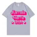 Grey short sleeve t-shirt featuring Kamala Harris 2024 retro pink text print for daily wear. - Gray 317
