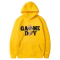 Yellow hoodie with American football game day print, casual long sleeve hooded sweatshirt. - 21 / S