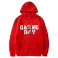 Red American football printed hooded sweatshirt, warm and casual pullover hoodie for daily wear. - 22 / S