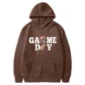 Brown hoodie with football game day graphic print, cozy fleece lined pullover sweatshirt. - 23 / S