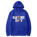 Blue American football print hoodie sweatshirt, casual long sleeve pullover with pocket. - 24 / S