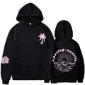 Felpa con cappuccio nera da donna con stampa grafica rosa di palma e tramonto marino. - Taglia S / Top / Nero