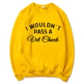 Yellow long sleeve crewneck sweatshirt with funny vet check graphic print for casual wear. - Yellow