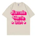 Classic cotton short-sleeve crewneck t-shirt in beige featuring a retro pink text print. - Beige