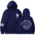 Felpa con cappuccio blu scuro da donna con grafica rosa di palma e onde al tramonto. - Taglia S / Top / Blu navy
