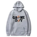 Grey American football printed hooded sweatshirt with front pocket casual streetwear. - 26 / S