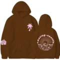 Felpa con cappuccio marrone con stampa grafica di palme e tramonto rosa, pullover casual alla moda. - Taglia S / Top / Caffè 1