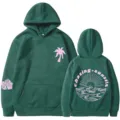 Felpa con cappuccio donna verde scuro manica lunga con stampa grafica palma alla moda - Taglia S / Top / Verde Scuro
