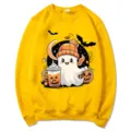 Sudadera amarilla de cuello redondo con un lindo diseño gráfico de fantasma de Halloween. - S / Tops / Amarillo (Patrón 2)