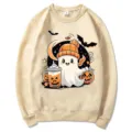 Sudadera cuello redondo beige con estampado de fantasma de Halloween, jersey cómodo. - Caqui (Patrón 2) / S