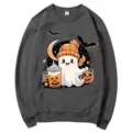 Sudadera de cuello redondo gris oscuro con estampado de fantasma de Halloween, jersey casual. - S / Tops / Gris oscuro (Patrón 2)