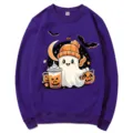 Sudadera morada de cuello redondo de Halloween con lindo fantasma y calabaza talla M - S / Tops / Púrpura (Patrón 2)