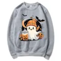 Sudadera gris de cuello redondo con estampado de fantasma lindo para Halloween mujer. - S / Tops / Gris claro (Patrón 2)
