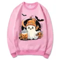 Sudadera Rosa de Cuello Redondo con Estampado de Fantasma de Halloween Pullover Top - Rosa (Patrón 3) / S