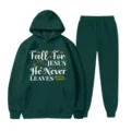 Set tuta sportiva in felpa verde scuro con cappuccio e stampa di lettere autunnali casual. - Taglia S / Top E Pantaloni / Verde scuro