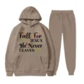 Set felpa con cappuccio e pantaloni in pile autunnale con stampa di lettere di fede. - Taglia S / Top E Pantaloni / Kaki
