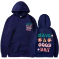 Sweat à capuche bleu marine avec texte "Have A Good Day" et joli design d'imprimé floral. - S / Bleu marine