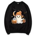 Sudadera negra de cuello redondo con gráfico de fantasma lindo de Halloween, manga larga. - Negro (Patrón 3) / S