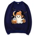 Sudadera azul marino con cuello redondo y estampado de fantasma de Halloween casual M - Azul marino (Patrón 3) / S