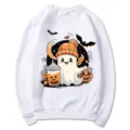 Halloween Lindo Fantasma Estampado de Dibujos Animados Blanco Cuello Redondo Sudadera - Blanco Eslogan V3 / S