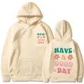 Sweat À Capuche Beige Have A Good Day Sweat-shirt Imprimé Floral Rétro Homme Femme - Kaki