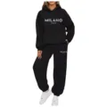Women two piece tracksuit casual hoodie and sweatpants set autumn winter fashion black - S / Black
