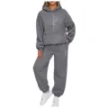 Women Fall Winter Two Piece Long Sleeve Hoodie Set Casual Loose Sweatpants Tracksuit - Dark Gray
