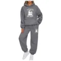 Women's casual grey two-piece tracksuit hoodie sweatpants set with ghost graphic print - Dark Gray