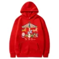 Felpa con cappuccio di Natale rossa con stampa carosello, pullover maniche lunghe. - Rosso
