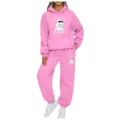Women Pink Two Piece Fleece Hoodie Tracksuit Casual Ghost Print Sweatpants Outfit - Pink