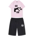 Summer mens casual streetwear pink t-shirt and black shorts two piece tracksuit clothing set. - Pink Top With Black Pants