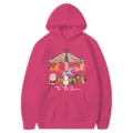 Donne rosa Natale giostra stampa grafica felpa con cappuccio casual manica lunga variante - Rosso rosa