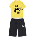 Men Summer Short Sleeve T-Shirt Shorts Set Casual Crew Neck Athletic Two-Piece Outfit - Yellow Top With Black Pants