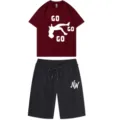 Men summer short sleeve t-shirt and shorts set casual sportswear athletic apparel outfit. - Burgundy Top With Black Pants