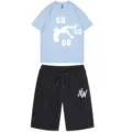 Men summer short sleeve t-shirt and shorts set casual crewneck streetwear two piece outfit - Light Blue Top With Black Pants