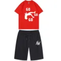 Summer mens casual short sleeve t-shirt and shorts set two piece sportswear outfit - Red + Black Pants