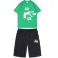 Men's summer casual short sleeve t-shirt and shorts set, trendy two piece outfit green black. - Dark Green